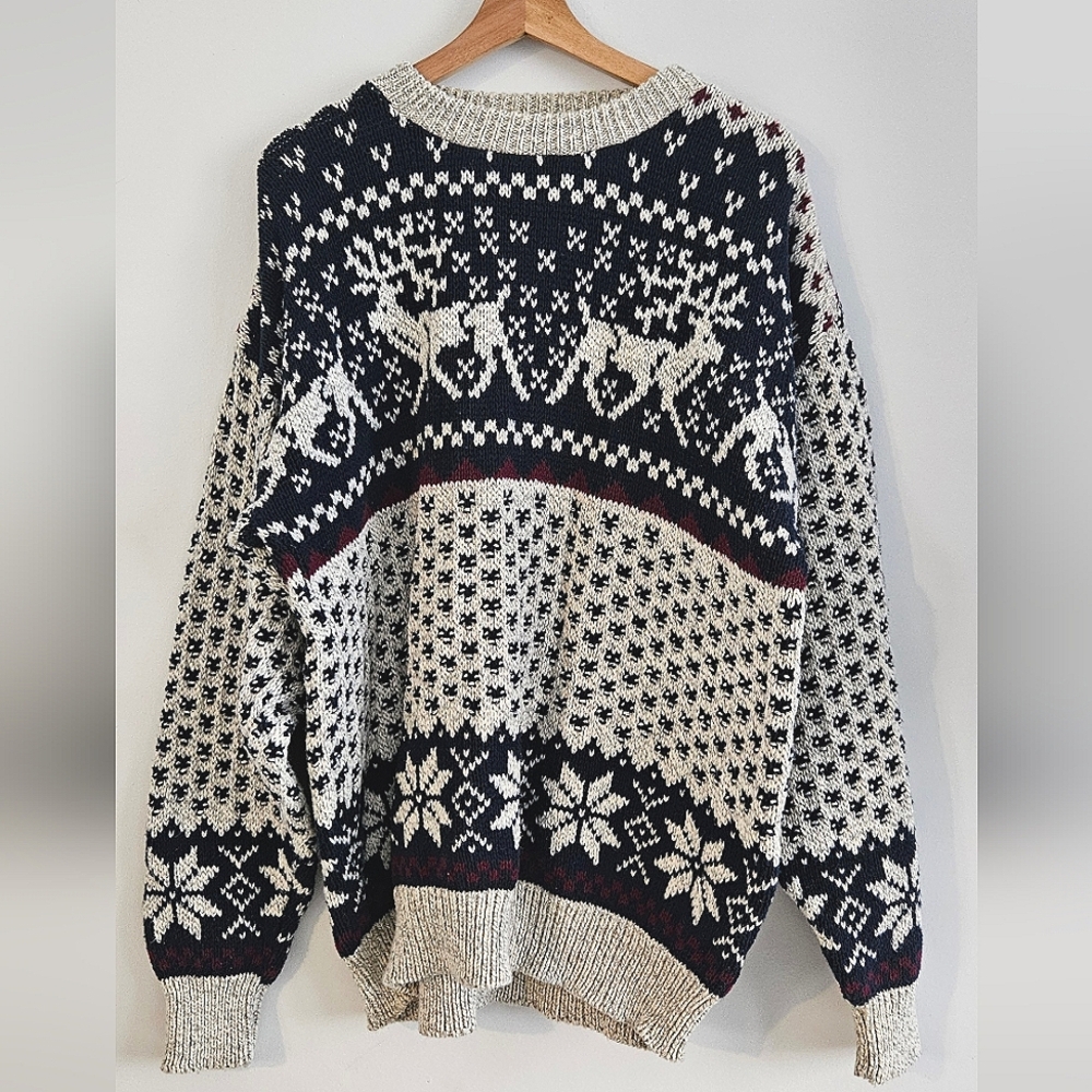 Norman Wells Vintage Christmas Cozy 100%Cotton Reindeer Snowflakes Sweater Sz XL